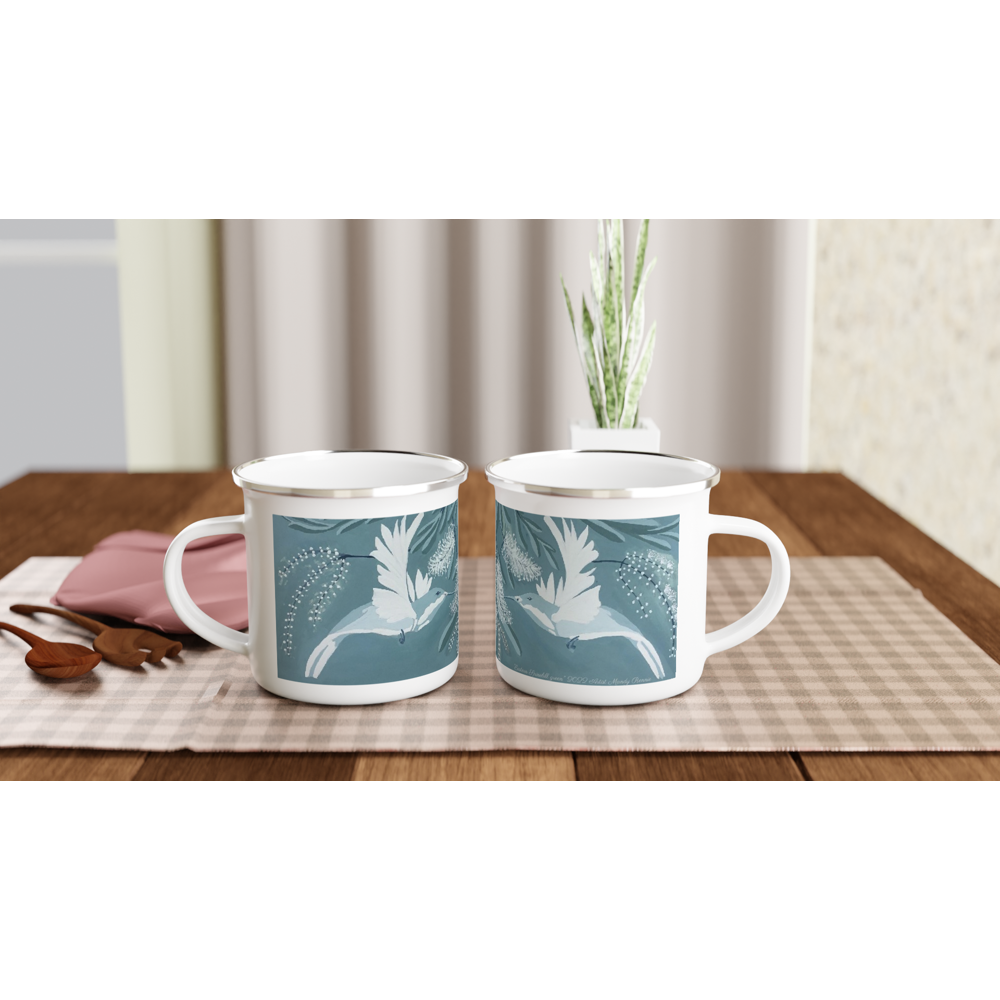 "Eastern Spinebill green" artist Mandy Rennie 2022. White 12oz Enamel Mug