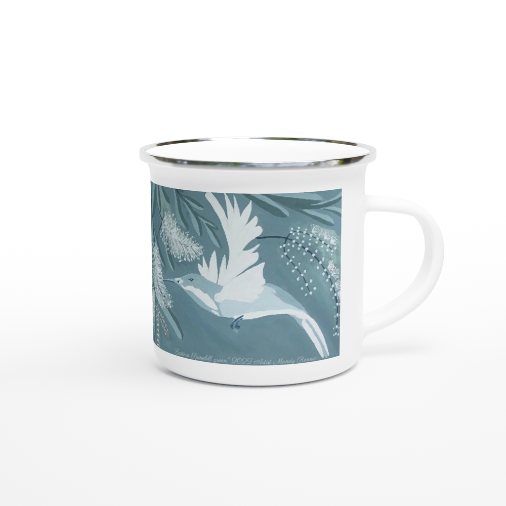 "Eastern Spinebill green" artist Mandy Rennie 2022. White 12oz Enamel Mug