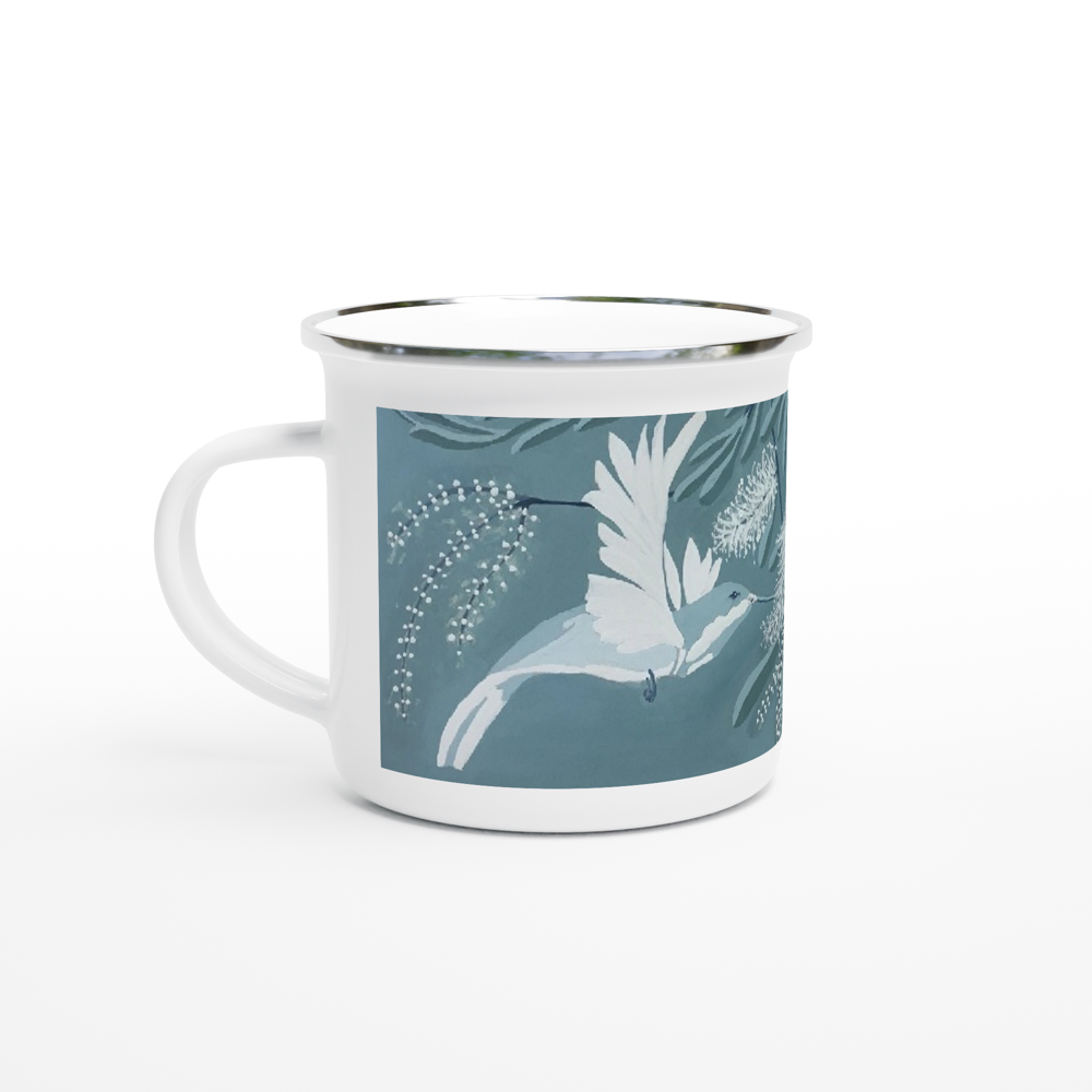 "Eastern Spinebill green" artist Mandy Rennie 2022. White 12oz Enamel Mug