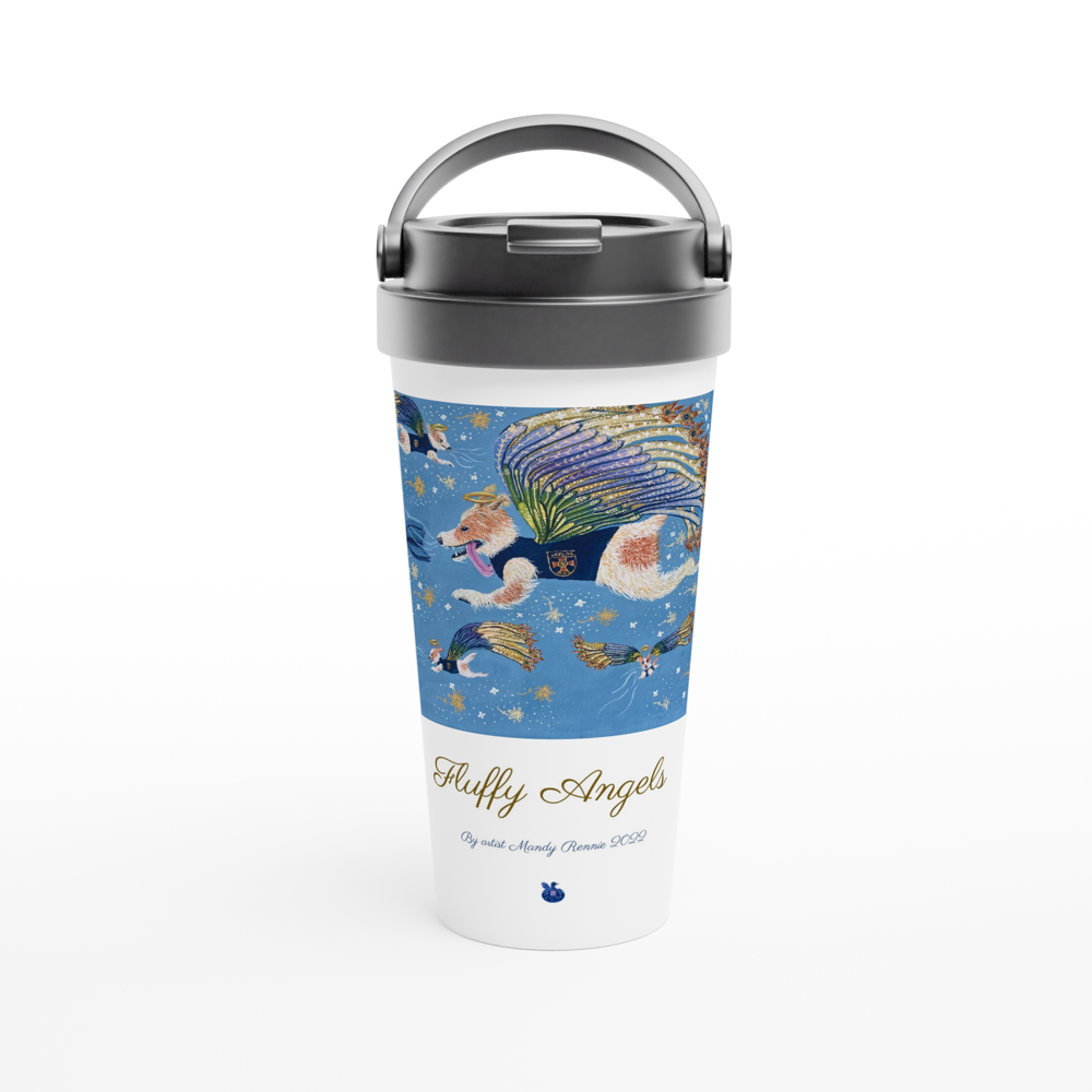 "Fluffy Angels" By artist Mandy Rennie 2022 White 15oz Stainless Steel Travel Mug