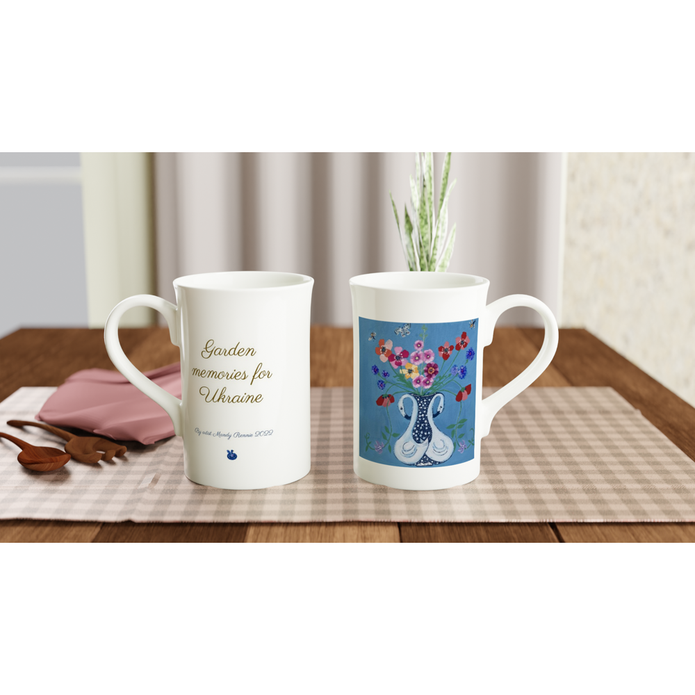 Project Ukraine  “Garden memories for Ukraine” By artist Mandy Rennie 2022 White 10oz Porcelain Slim Mug