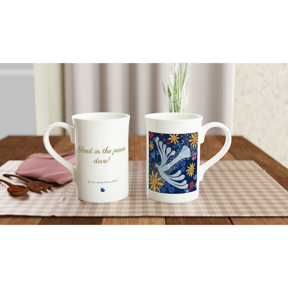 Project Ukraine "Send in the peace dove" By artist Mandy Rennie 2022 White 10oz Porcelain Slim Mug