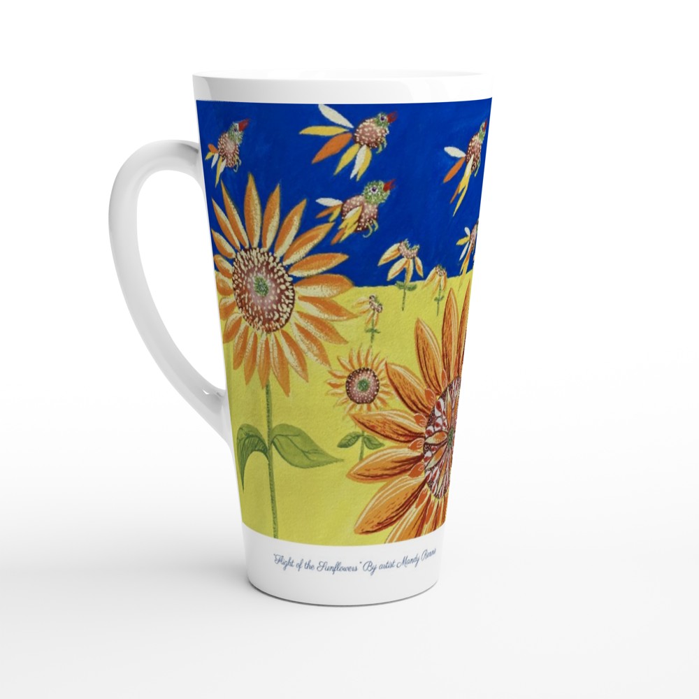 Project Ukraine “Flight of the Sunflowers” By artist Mandy Rennie White Latte 17oz Ceramic Mug