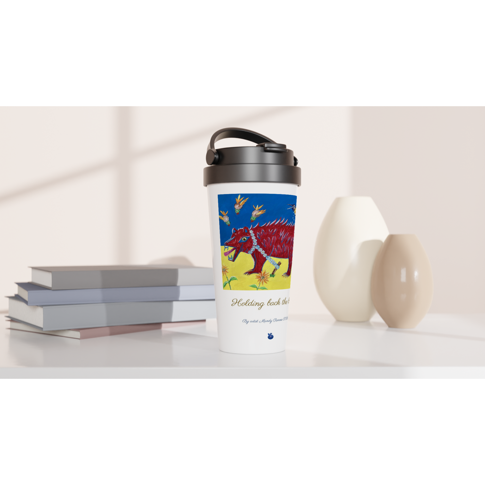 Project Ukraine "Holding back the bear" By artist Mandy Rennie 2022 White 15oz Stainless Steel Travel Mug