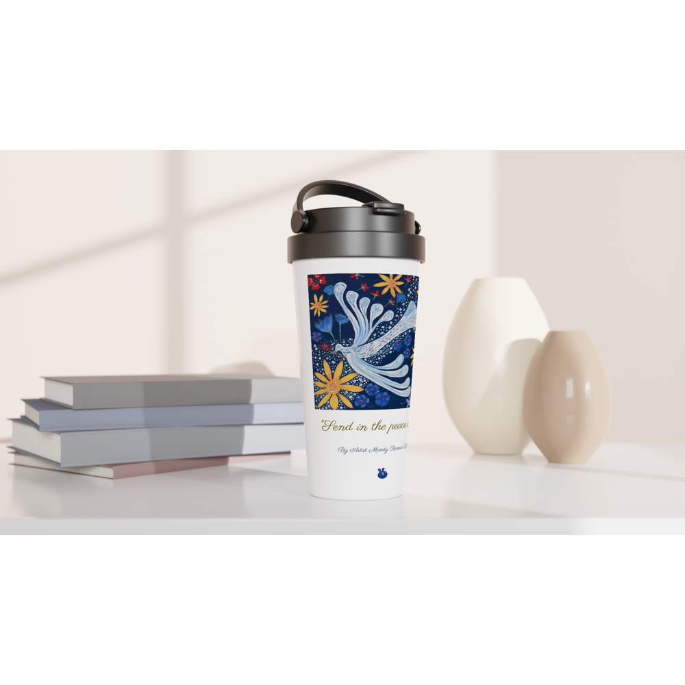 Project Ukraine "Send in the peace dove" by artist Mandy Rennie 2022 White 15oz Stainless Steel Travel Mug