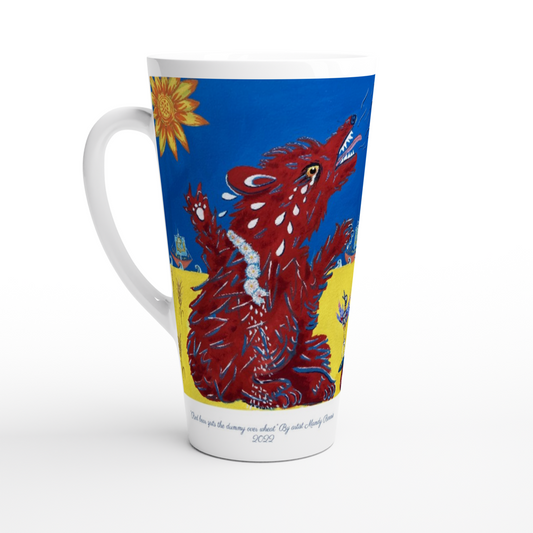 Project Ukraine “Red bear spits the dummy over wheat” By artist Mandy Rennie 2022 White Latte 17oz Ceramic Mug