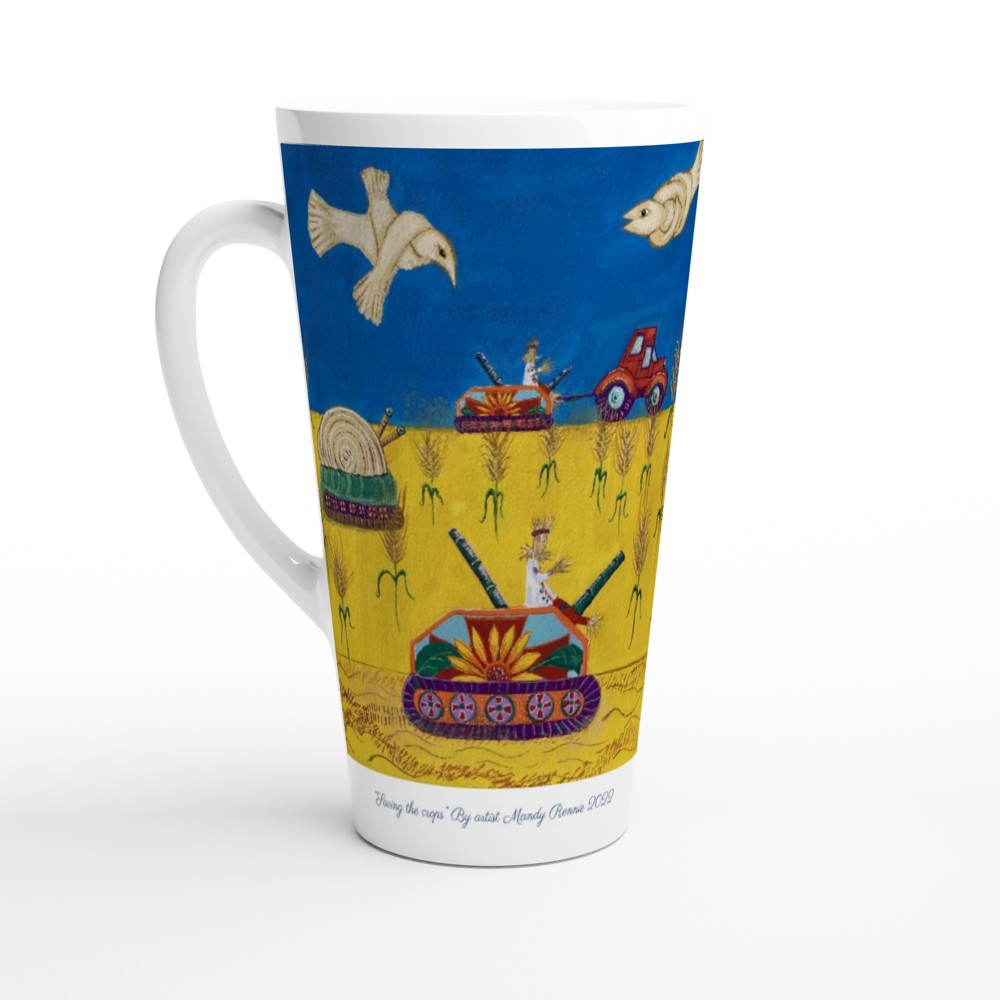 Project Ukraine “Saving the crops” By artist Mandy Rennie 2022 White Latte 17oz Ceramic Mug