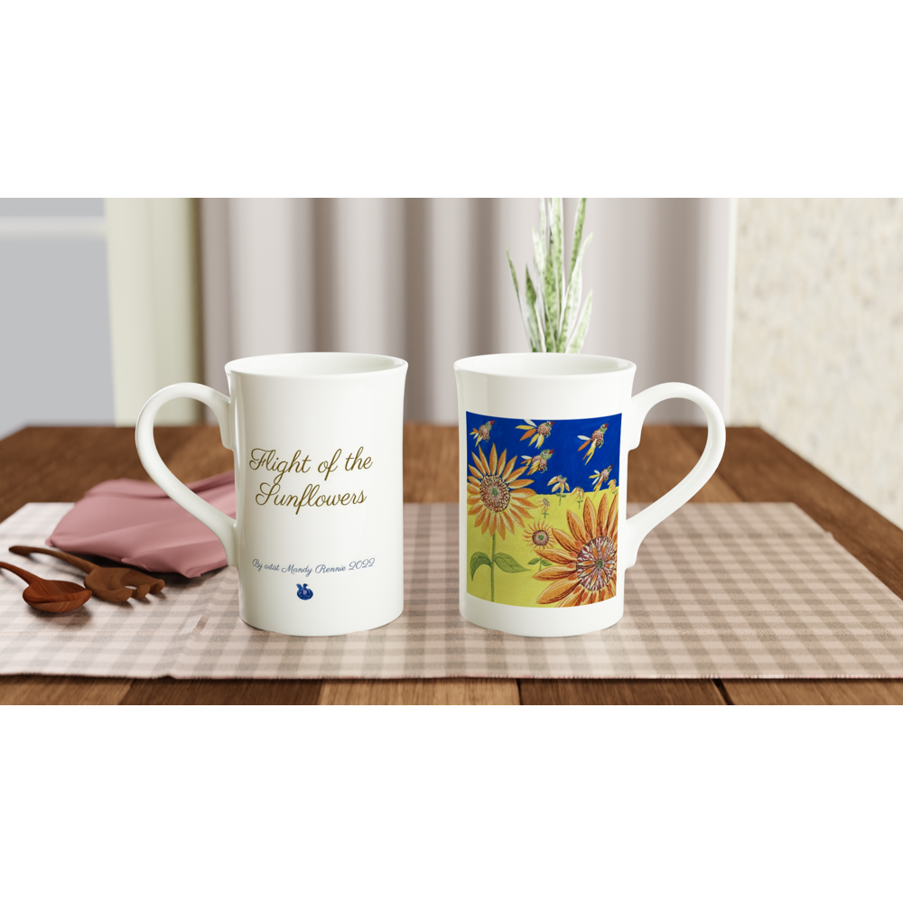 Project Ukraine "Flight of the Sun Flowers" By artist Mandy Rennie 2022 White 10oz Porcelain Slim Mug