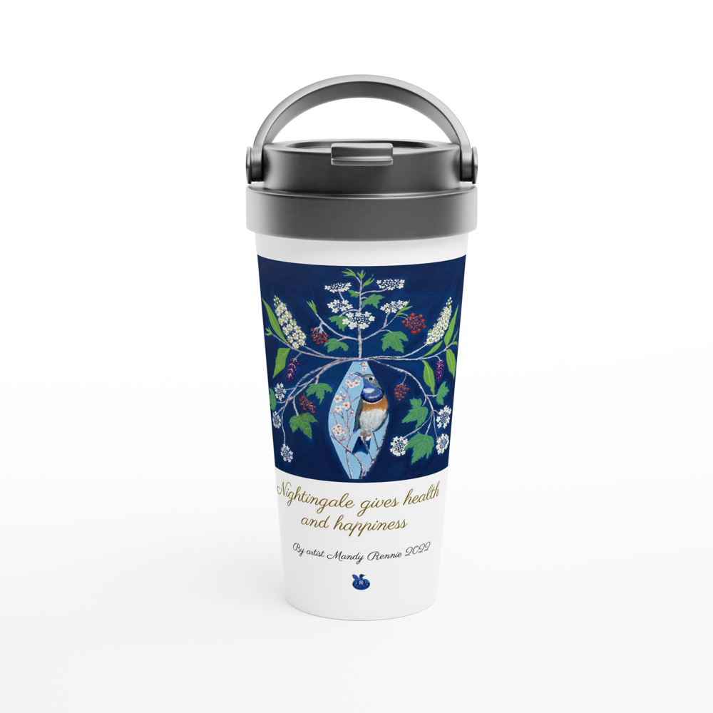 "Nightingale gives health and happiness" By artist Mandy Rennie 2022 White 15oz Stainless Steel Travel Mug