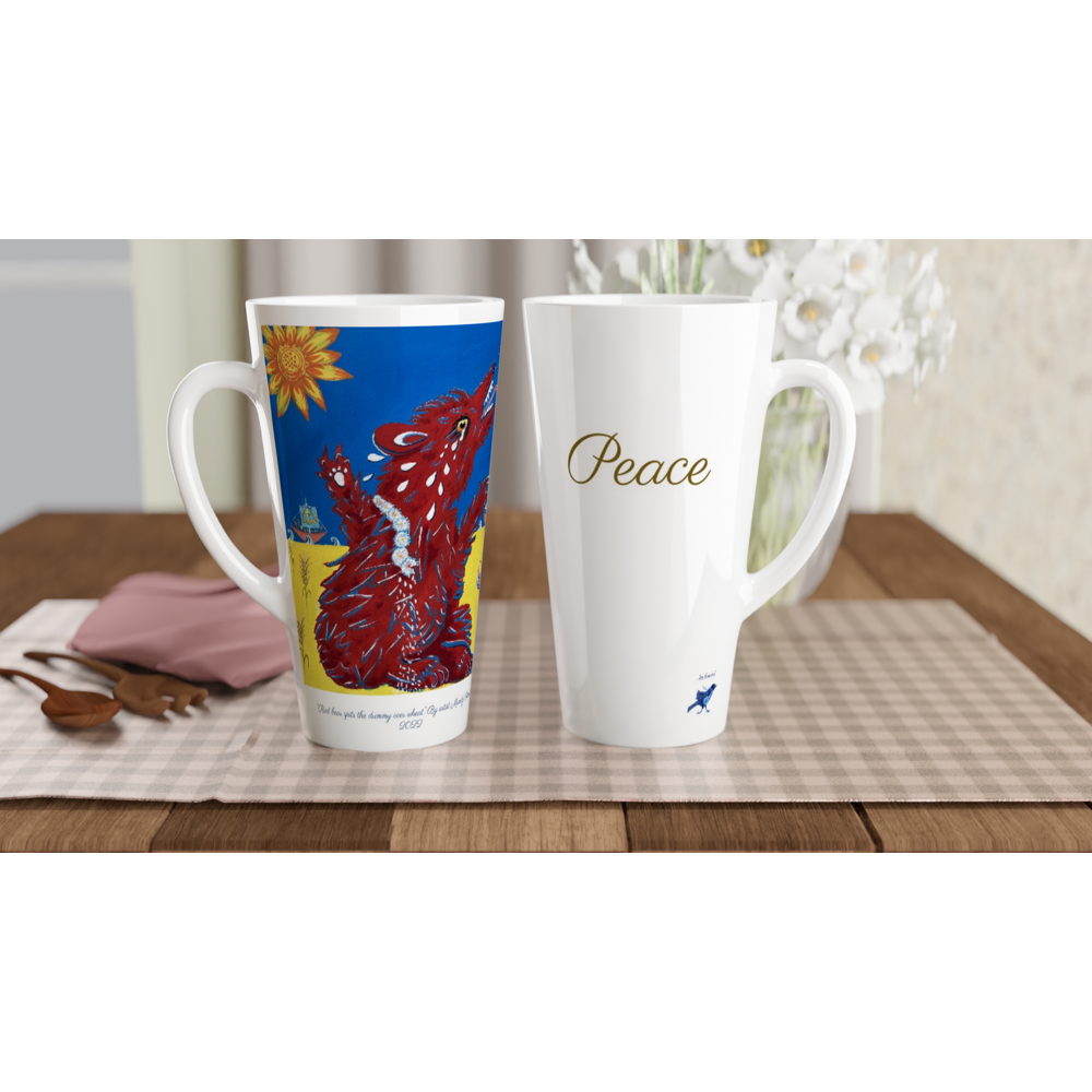 Project Ukraine “Red bear spits the dummy over wheat” By artist Mandy Rennie 2022 White Latte 17oz Ceramic Mug