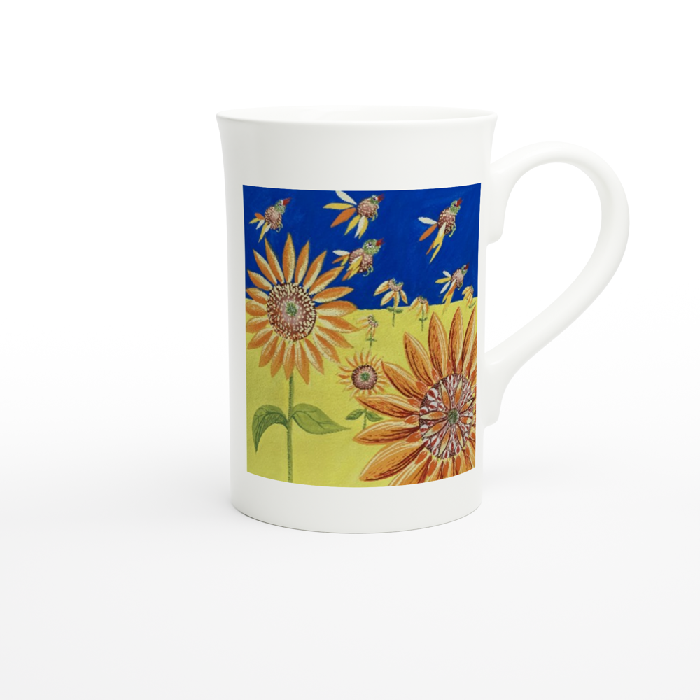 Project Ukraine "Flight of the Sun Flowers" By artist Mandy Rennie 2022 White 10oz Porcelain Slim Mug