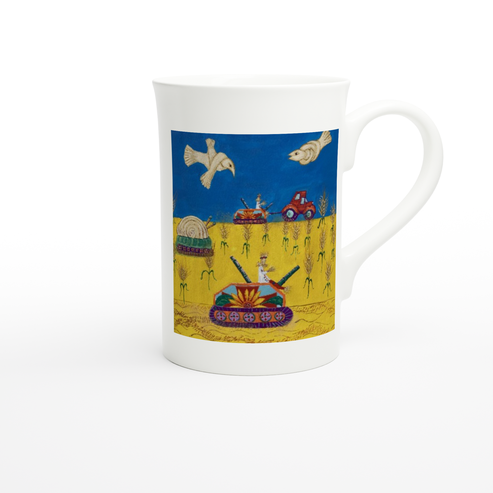 Project Ukraine "Saving the crops" By artist Mandy Rennie 2022 White 10oz Porcelain Slim Mug