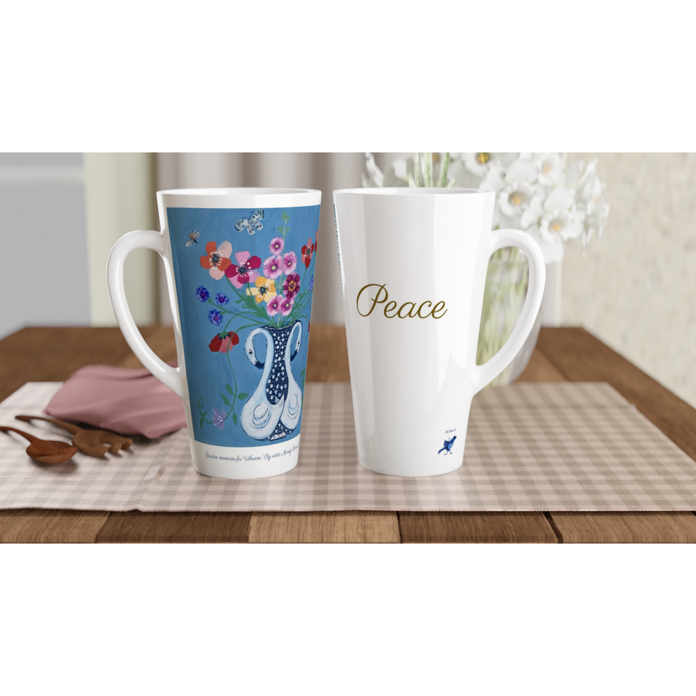 Project Ukraine “Garden memories for Ukraine” By artist Mandy Rennie 2022 White Latte 17oz Ceramic Mug