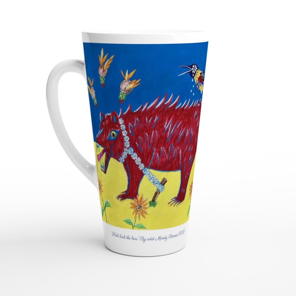 Project Ukraine “Hold back the bear” By artist Mandy Rennie 2022 White Latte 17oz Ceramic Mug