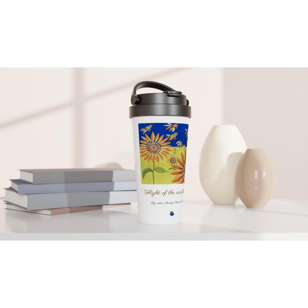 " Flight of the sun flowers" By artist Mandy Rennie 2022 White 15oz Stainless Steel Travel Mug