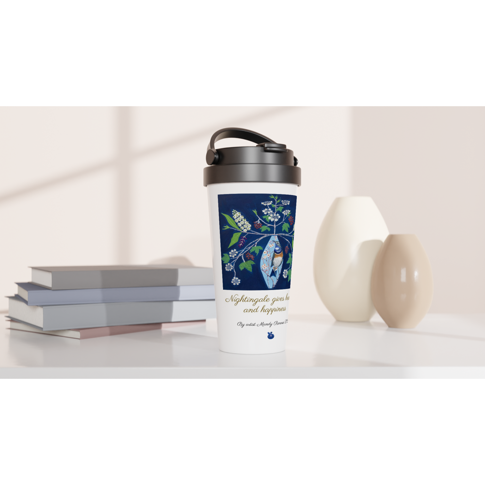 "Nightingale gives health and happiness" By artist Mandy Rennie 2022 White 15oz Stainless Steel Travel Mug