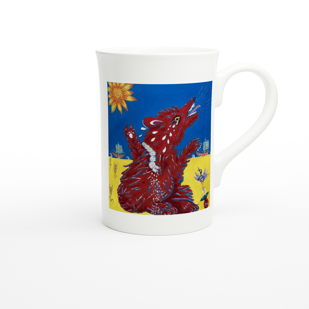 Project Ukraine "Red bear spits the dummy over wheat" By artist Mandy Rennie 2022 White 10oz Porcelain Slim Mug