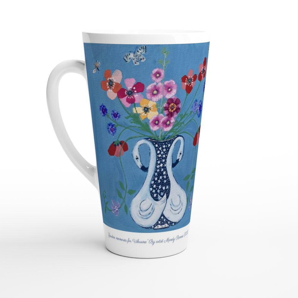 Project Ukraine “Garden memories for Ukraine” By artist Mandy Rennie 2022 White Latte 17oz Ceramic Mug