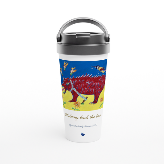 Project Ukraine "Holding back the bear" By artist Mandy Rennie 2022 White 15oz Stainless Steel Travel Mug