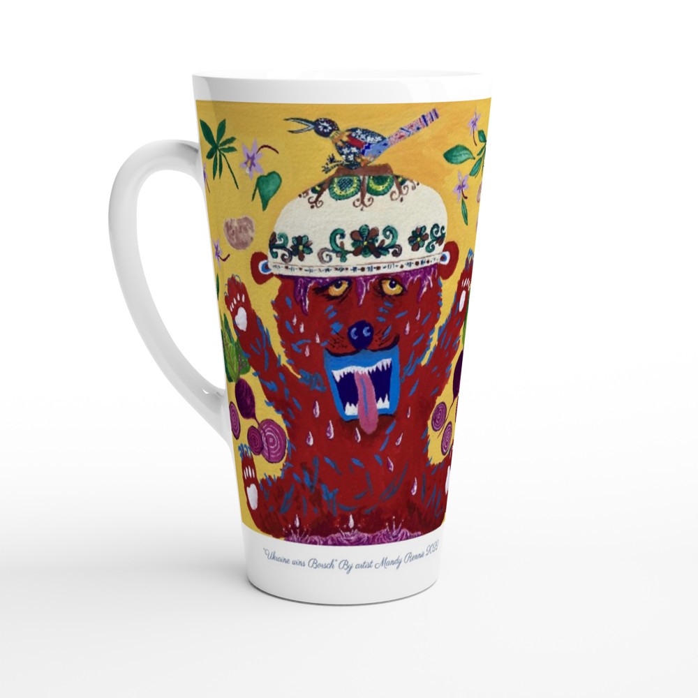 Project Ukraine “Ukraine wins Borsch” By artist Mandy Rennie 2022 White Latte 17oz Ceramic Mug