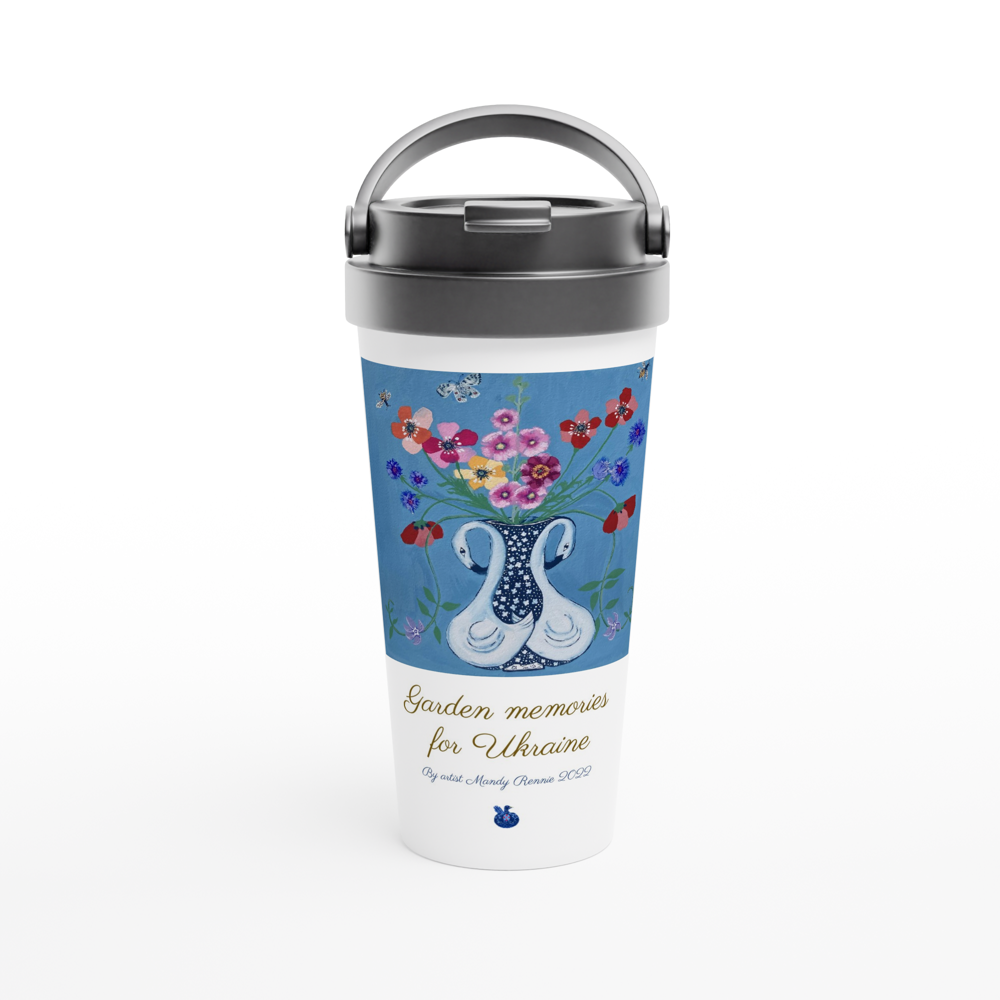 Project Ukraine "Garden memories for Ukraine " By artist Mandy Rennie 2022 White 15oz Stainless Steel Travel Mug